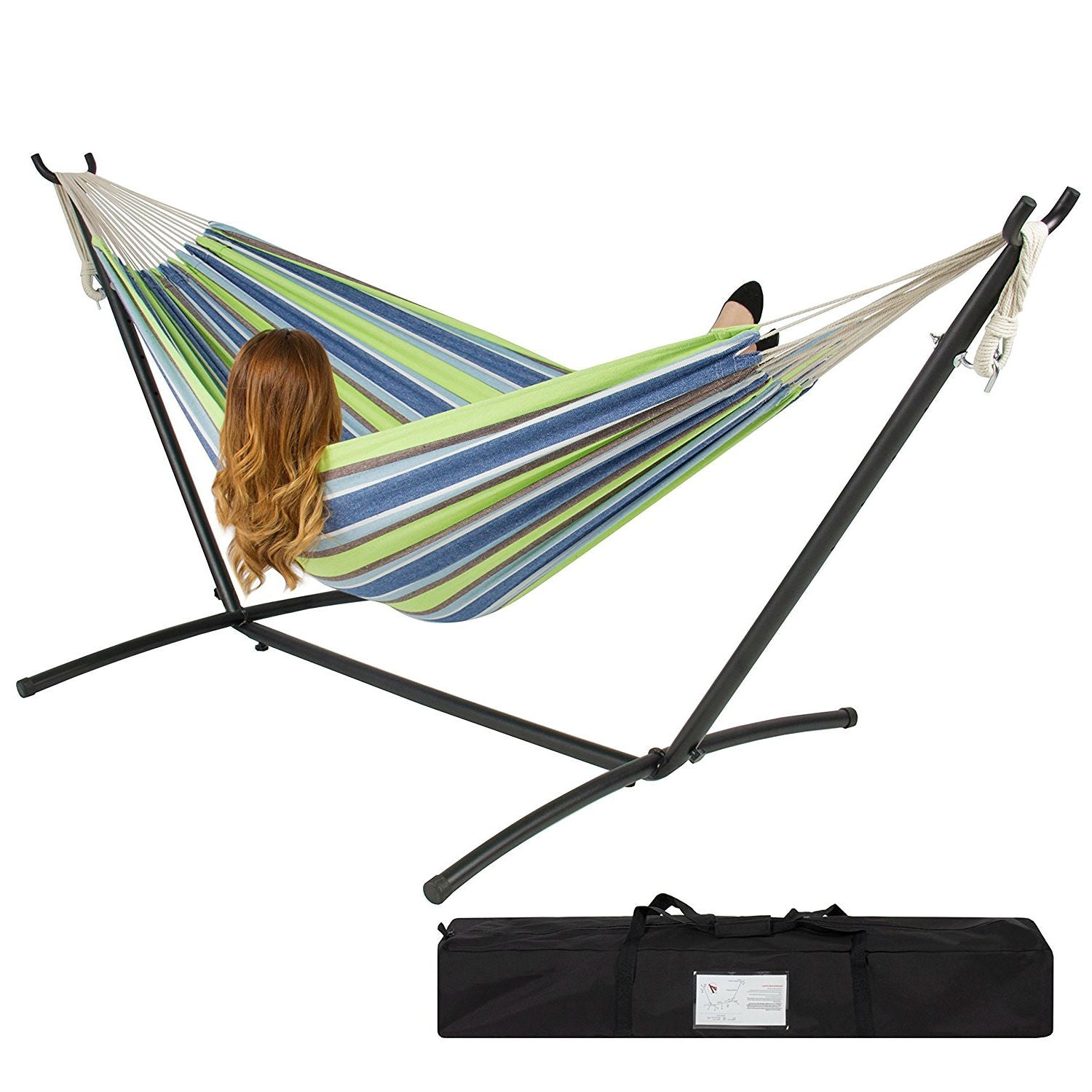 Fast Furnishings Portable Blue Green Stripe Cotton Hammock with Metal Stand and Carry Case