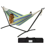 Fast Furnishings Portable Blue Green Stripe Cotton Hammock with Metal Stand and Carry Case