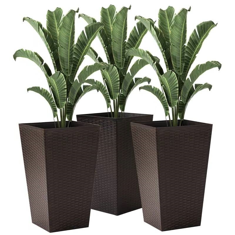 Fast Furnishings Set of 3 - Brown Faux Rattan Plastic Tall Large Flower Pots