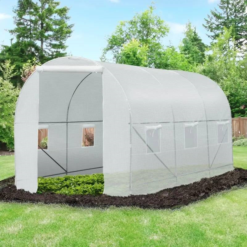 Fast Furnishings 14.7 Ft x 6.5 Ft Outdoor Greenhouse w/ Heavy Duty Steel Frame and White PE Cover