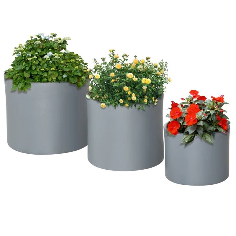 Fast Furnishings Set of 3 Stackable Round Outdoor Flower Pot Planters with Drainage Holes in Grey