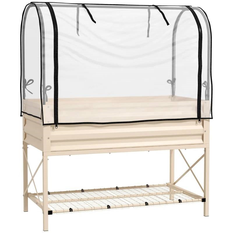 Fast Furnishings Cream Elevated Metal Raised Garden Bed w/ Greenhouse Cover