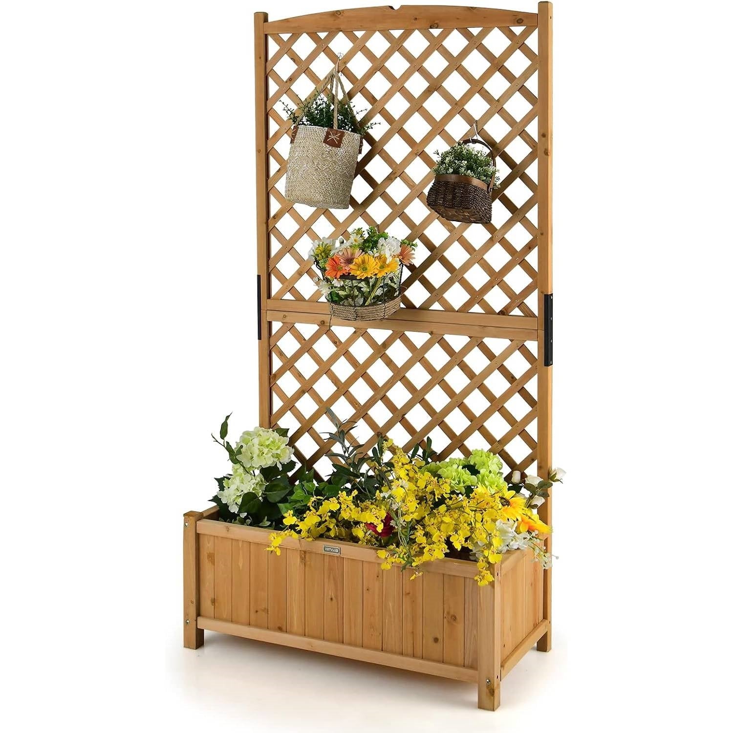 Fast Furnishings Outdoor Fir Wood Raised Garden Bed Planter Box with 71-inch High Trellis