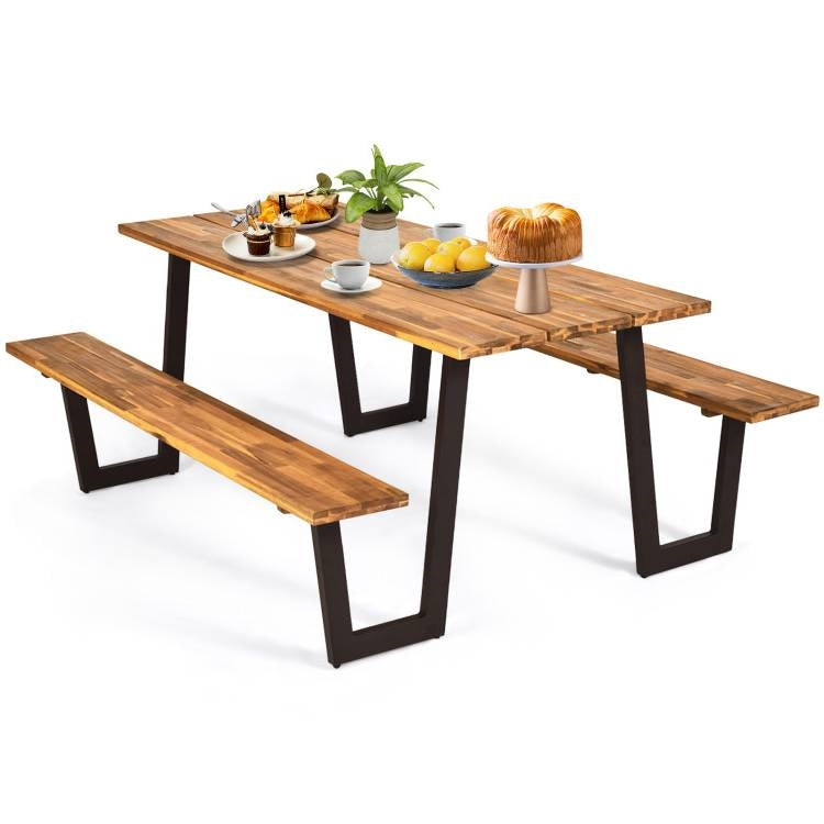 Fast Furnishings Modern Wooden Picnic Table with 2 Benches Outdoor Patio Dining Set