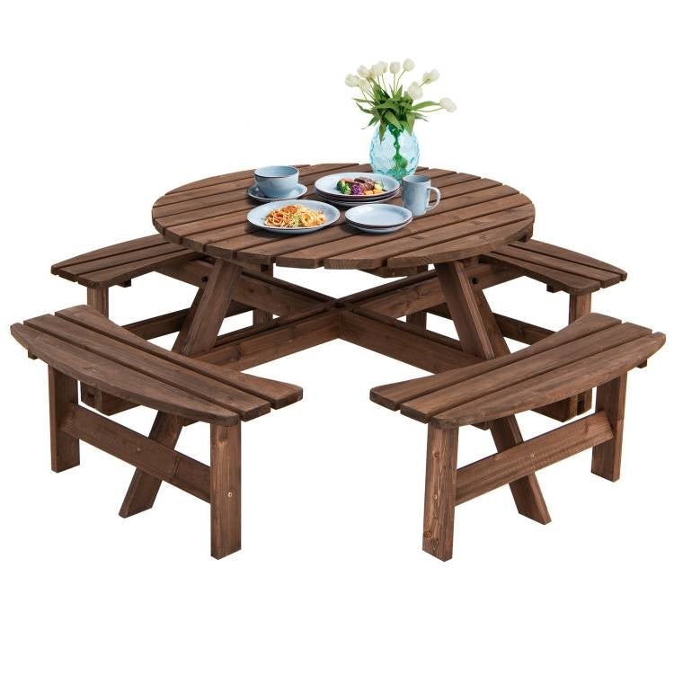 Fast Furnishings 8-Set Outdoor Solid Wood Round Picnic Table with 4 Benches Patio Garden Dining Set