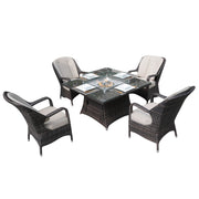 Direct Wicker 4-Seat Rattan Square Gas Firepit Dining Set with Eton Chairs