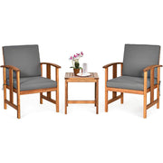 Fast Furnishings 3-Piece Solid Wood Outdoor Patio Furniture Chairs Table Set with Grey Cushions