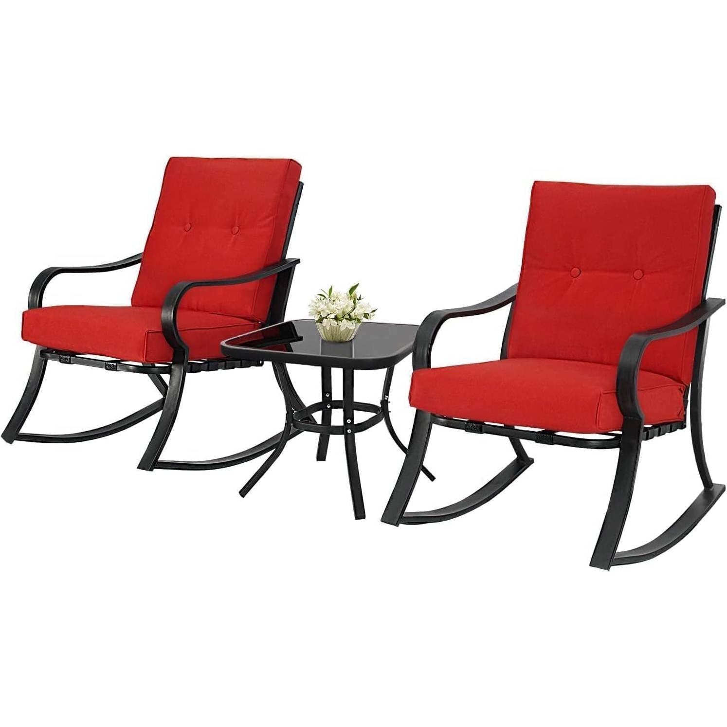 Fast Furnishings Outdoor 3-Piece Patio Furniture Rocking Chairs Table Set with Red Cushions