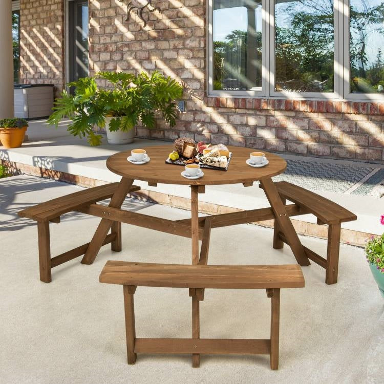 Fast Furnishings Outdoor Solid Wood Round Picnic Table Set with Umbrella Hole and 3 Benches