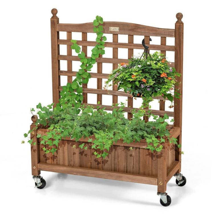 Fast Furnishings Solid Fir Wood Outdoor Raised Garden Bed Planter Box Cart on Wheels with Trellis