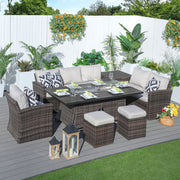 Direct Wicker 7-Piece Brown Wicker Patio Seating Rectangle Firepit Table Sofa Set