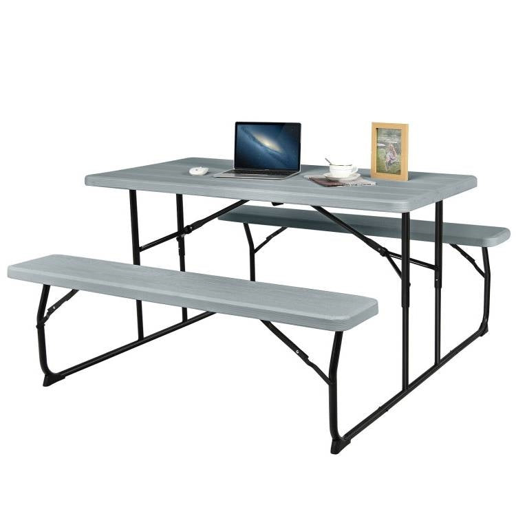 Fast Furnishings Grey Folding Picnic Table with 2 Benches Outdoor Patio Dining Set