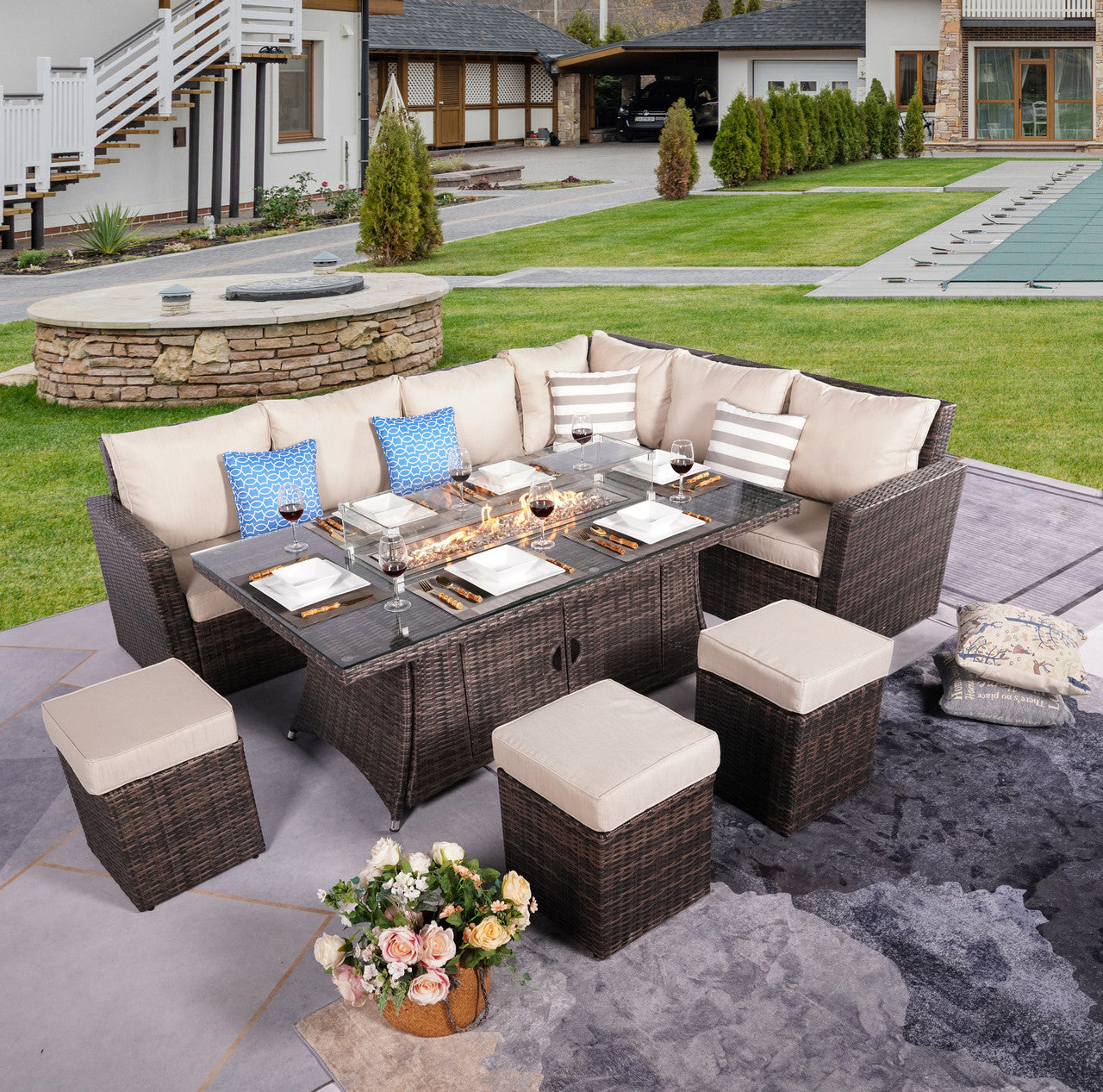 Direct Wicker 8-Piece Rattan Gas Fire Pit Dining Set for Yard