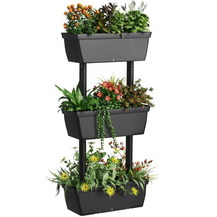 Fast Furnishings Modern Vertical 3-Tier Indoor Outdoor Black PP Raised Garden Bed Planter Box