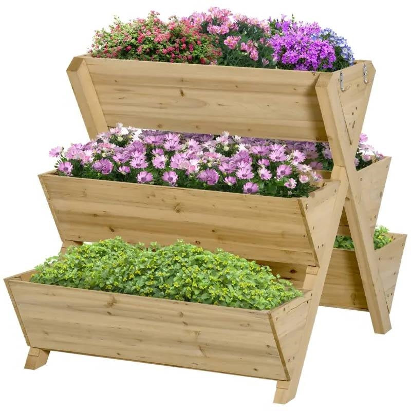 Fast Furnishings 3-Tier Outdoor Fir Wood Elevated Planter Herb Flower Box Raised Garden Bed