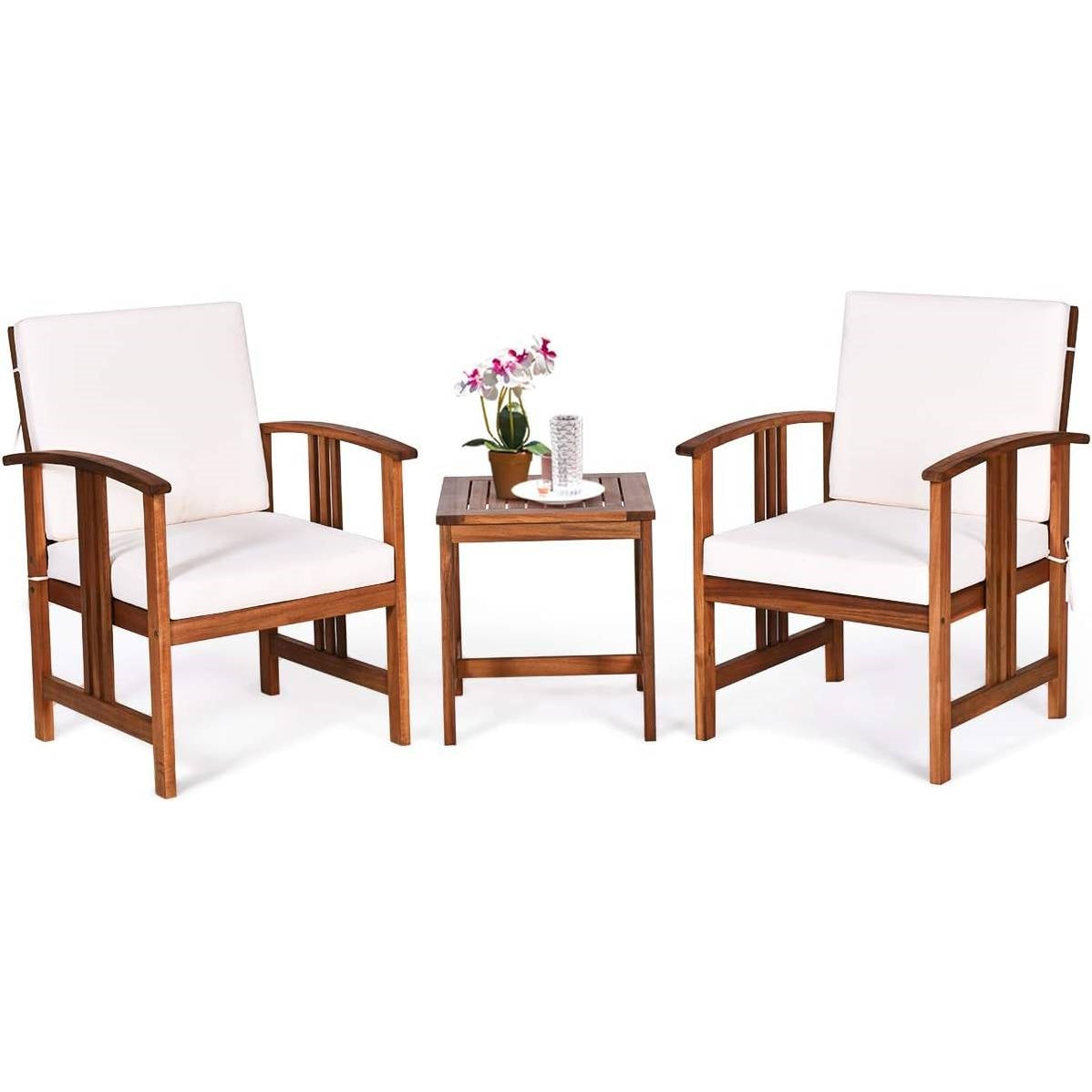 Fast Furnishings 3-Piece Solid Wood Outdoor Patio Furniture Table Chairs Set with White Cushions