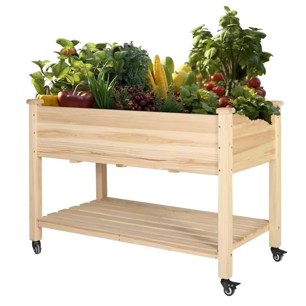 Fast Furnishings Outdoor Wood Raised Garden Bed Planter Box Cart on Wheels 46-inch x 22-inch