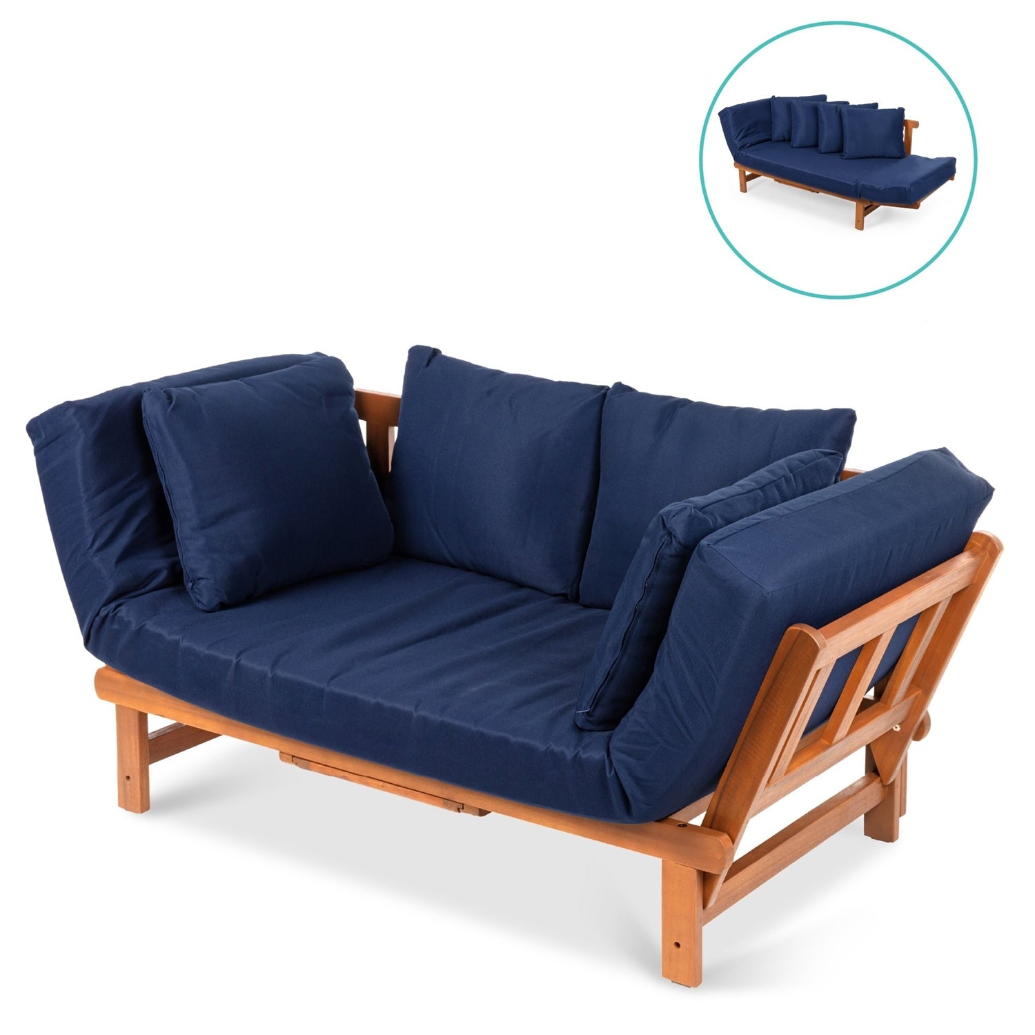 Fast Furnishings Navy Blue Outdoor Acacia Wood Convertible Sofa Futon with 4 Removable Pillows