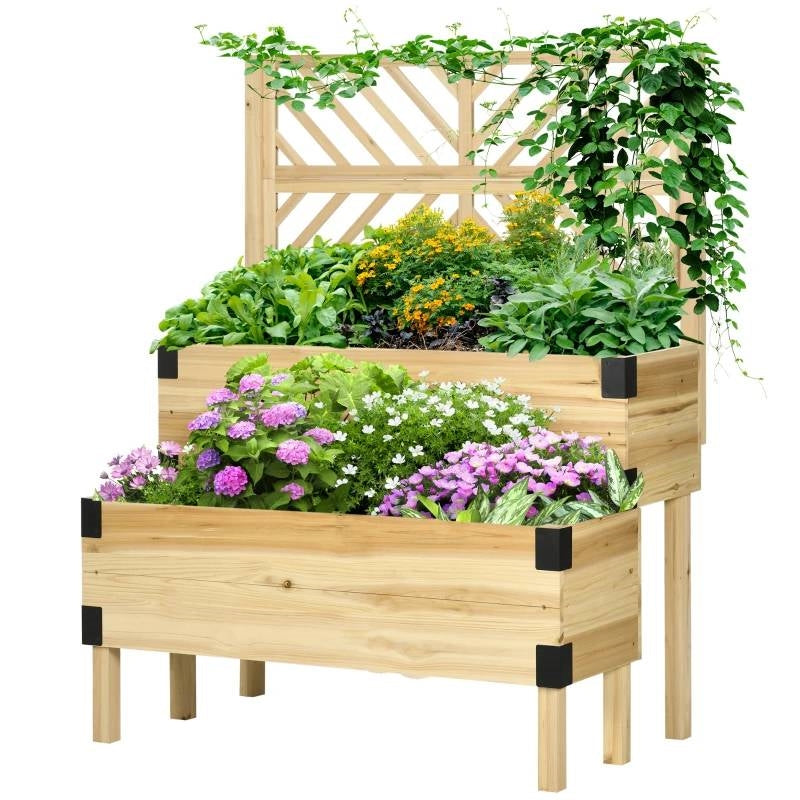 Fast Furnishings 2 Tier Self Draining Natural Wood Raised Garden Bed Planter Box with Trellis