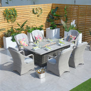 Direct Wicker's 6 Seats Rectangular Patio Firepit Table with Semi-circular Rattan Chairs