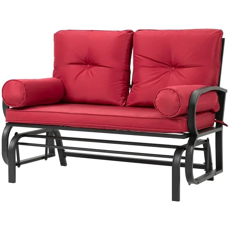 Fast Furnishings Steel Outdoor Garden Patio Rocking Glider Chair Loveseat with Red Cushions