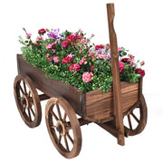 Fast Furnishings Outdoor Garden Fir Wood Barrel Planter Wagon on Wooden Wheels