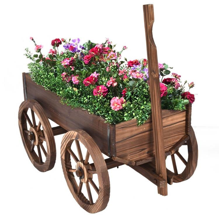 Fast Furnishings Outdoor Garden Fir Wood Barrel Planter Wagon on Wooden Wheels