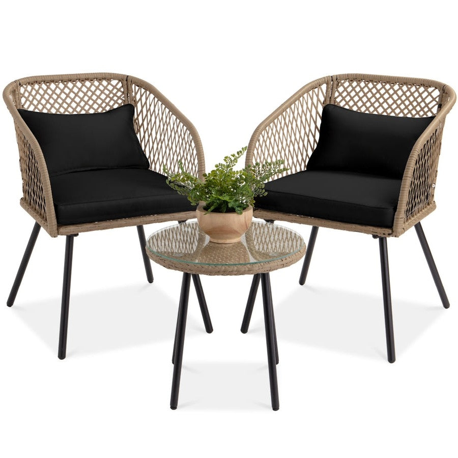 Fast Furnishings 3 Piece Beige/Black Outdoor Weave Wicker Bistro w Tempered Glass Side Table Set