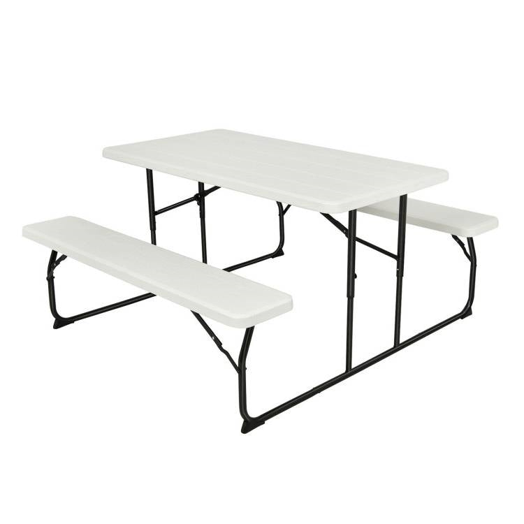 Fast Furnishings Folding White HDPE Picnic Table with 2 Benches Outdoor Patio Furniture Set