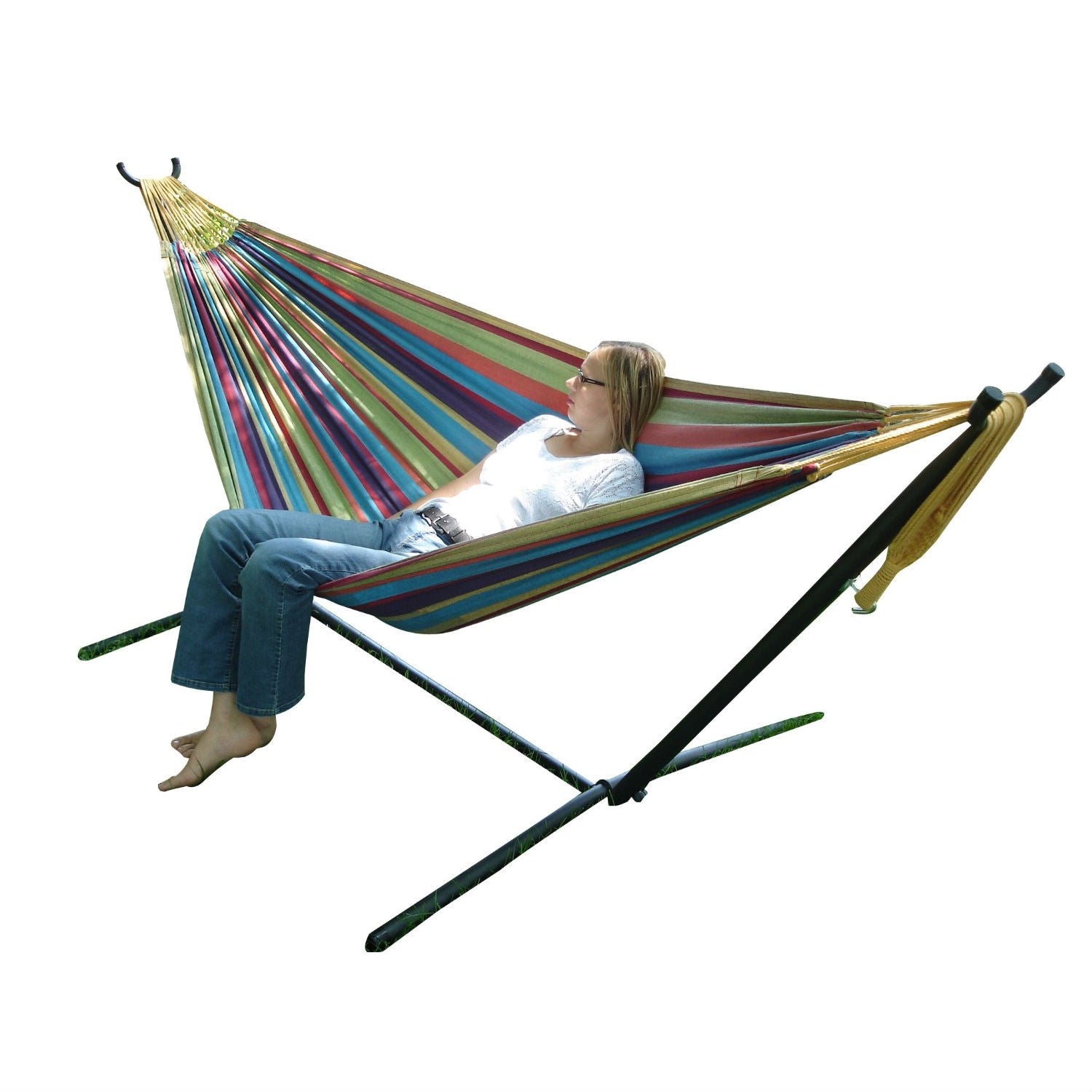 Fast Furnishings Tropical Fabric Double Hammock with 9-Foot Steel Stand