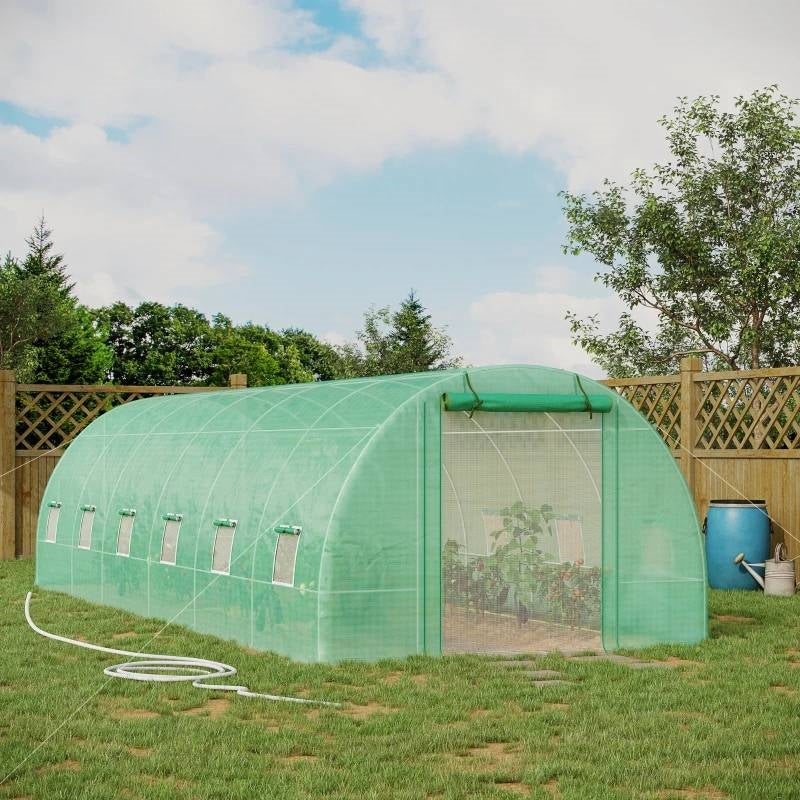 Fast Furnishings 26.2 ft x 9.7 ft Outdoor Walk-in Greenhouse with Green PE Cover and Steel Frame