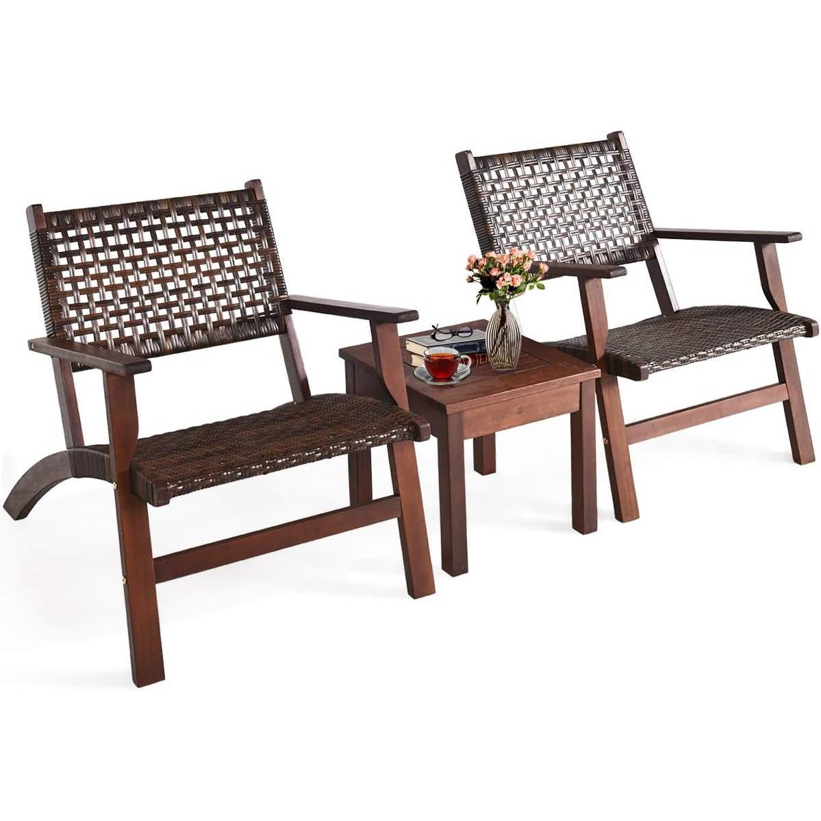 Fast Furnishings Solid Wood and Rattan 3-Piece Outdoor Patio Furniture Table Chairs Set