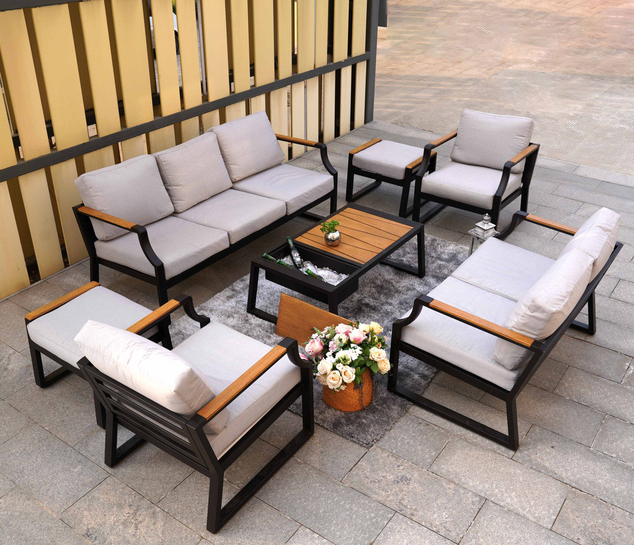 Direct Wicker Outdoor Black Iron Conversational Sofa Set with Gray Cushions and Drink Cooler