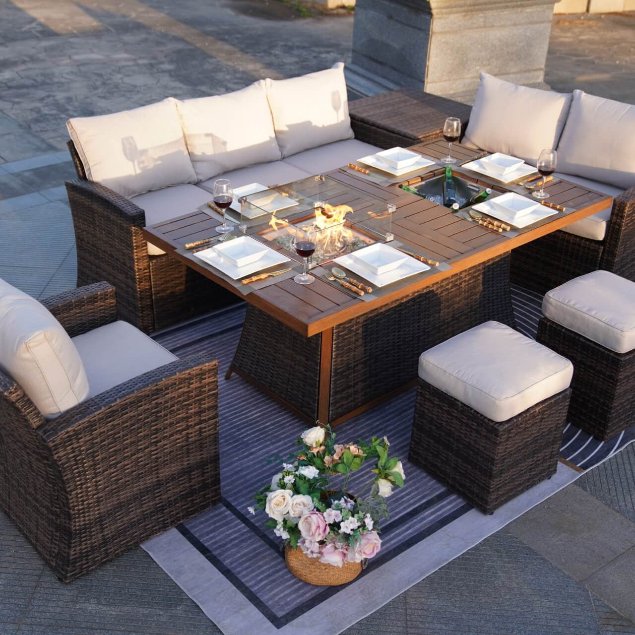 Direct Wicker's 7-Piece Wicker Patio Conversation Sofa Set Fire Pit Table with Ice Bucket PAG-2406BFI