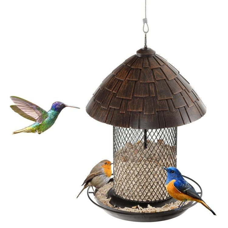 Fast Furnishings Outdoor Metal Mesh Tube Bird Feeder with Perch and Roof - Squirrel-Resistant