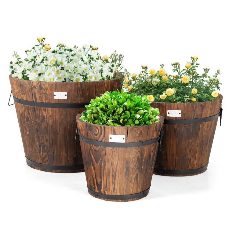 Fast Furnishings Set of 3 Outdoor Wooden Barrel Planter Pots with Handles 11.5, 15, and 18 inch