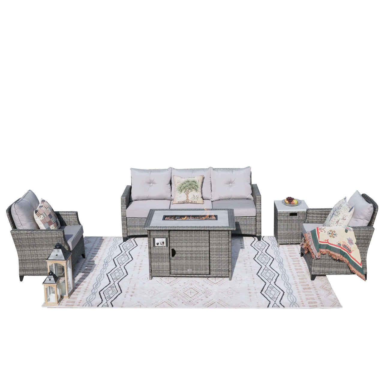 Direct Wicker 5-Piece Outdoor Patio Fire Pit Set Fire Pit Table with Seating Sofas in Gray