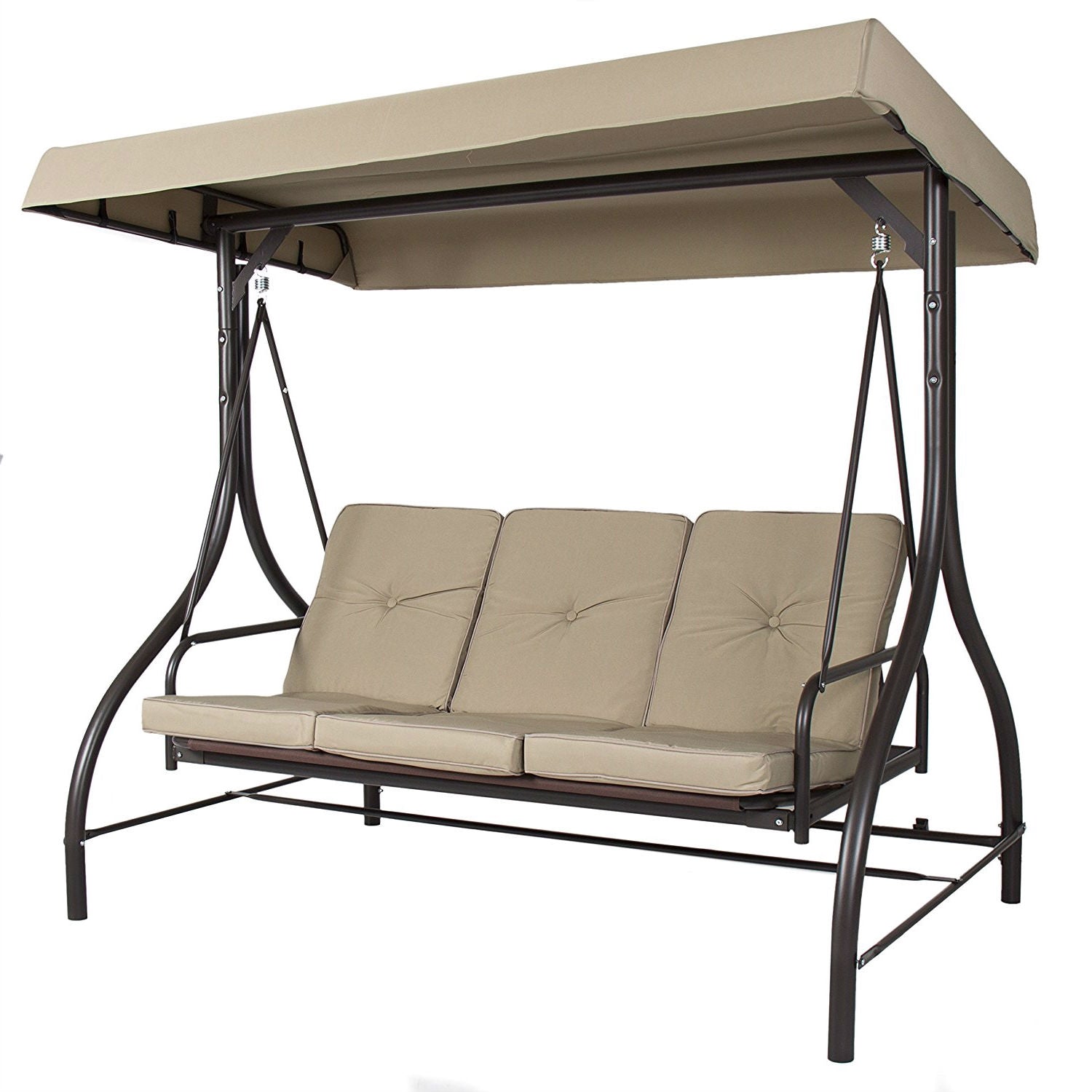 Fast Furnishings Tan 3-Seat Outdoor Porch Deck Patio Canopy Swing with Cushions