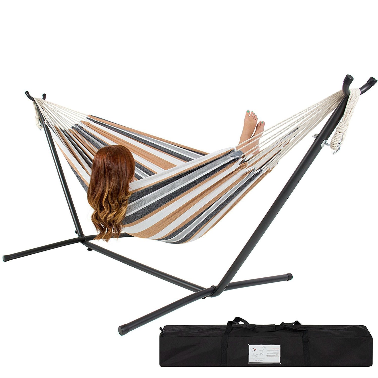 Fast Furnishings Portable Cotton Hammock in Desert Stripe with Metal Stand and Carry Case