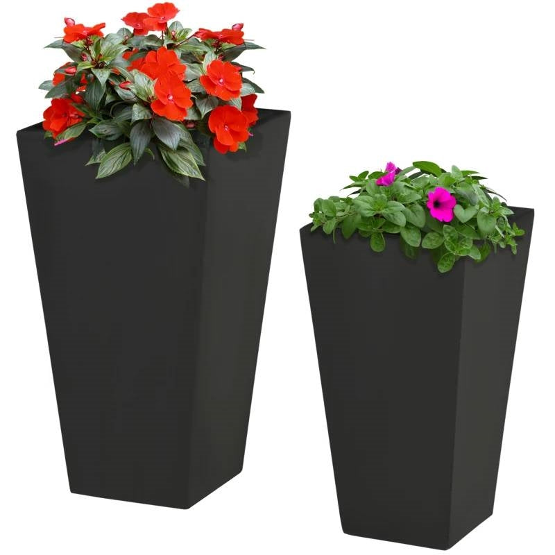 Fast Furnishings Set of 2 Modern Lightweight Black Outdoor Patio Flower Pot Tall Planter Box