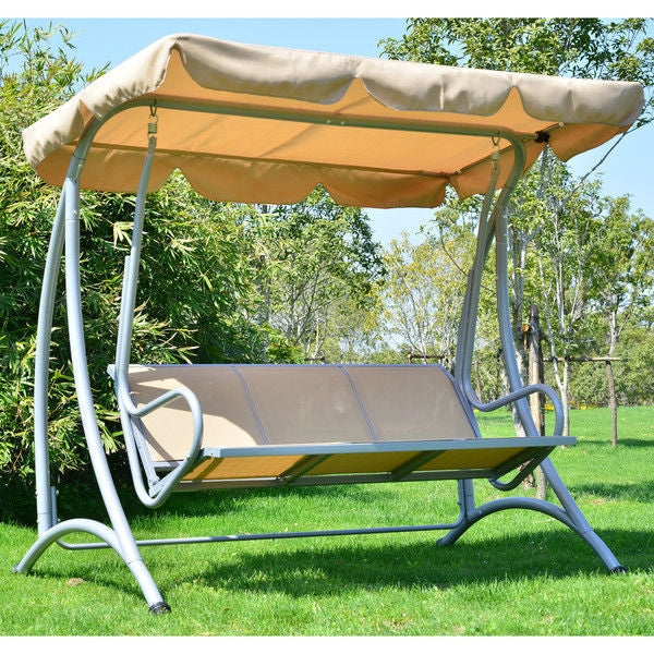 Fast Furnishings Sturdy 3-Person Outdoor Patio Porch Canopy Swing in Sand Color