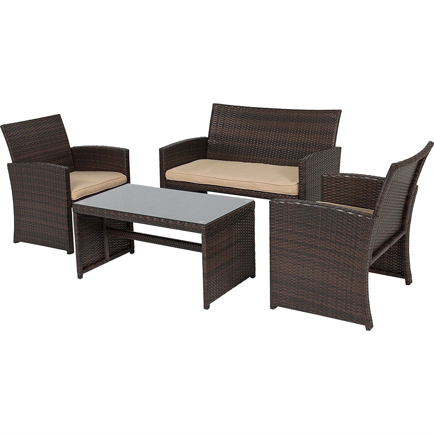 Fast Furnishings Brown Resin Wicker 4-Piece Modern Patio Furniture Set with Beige Cushions