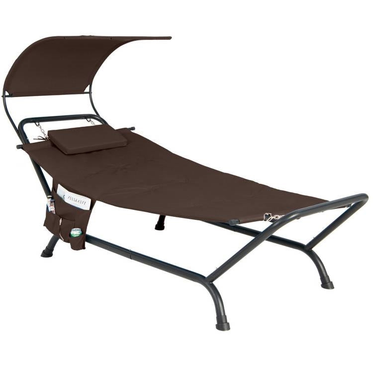 Fast Furnishings Brown Outdoor Hammock Style Chaise Lounge Chair Cot with Canopy and Storage Bag