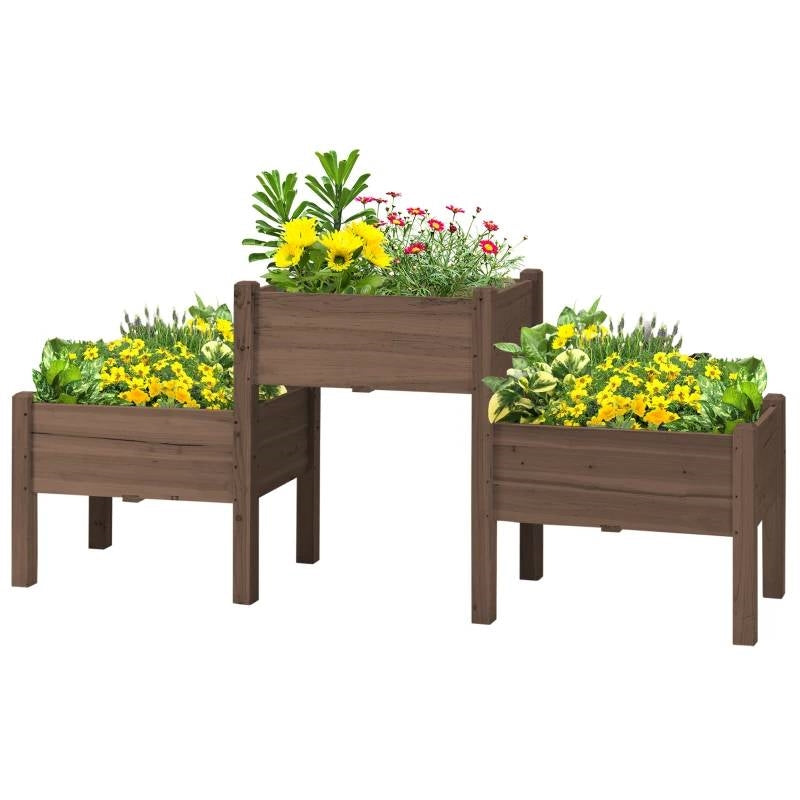 Fast Furnishings Brown 3 Wooden Elevated Planter Raised Garden Beds