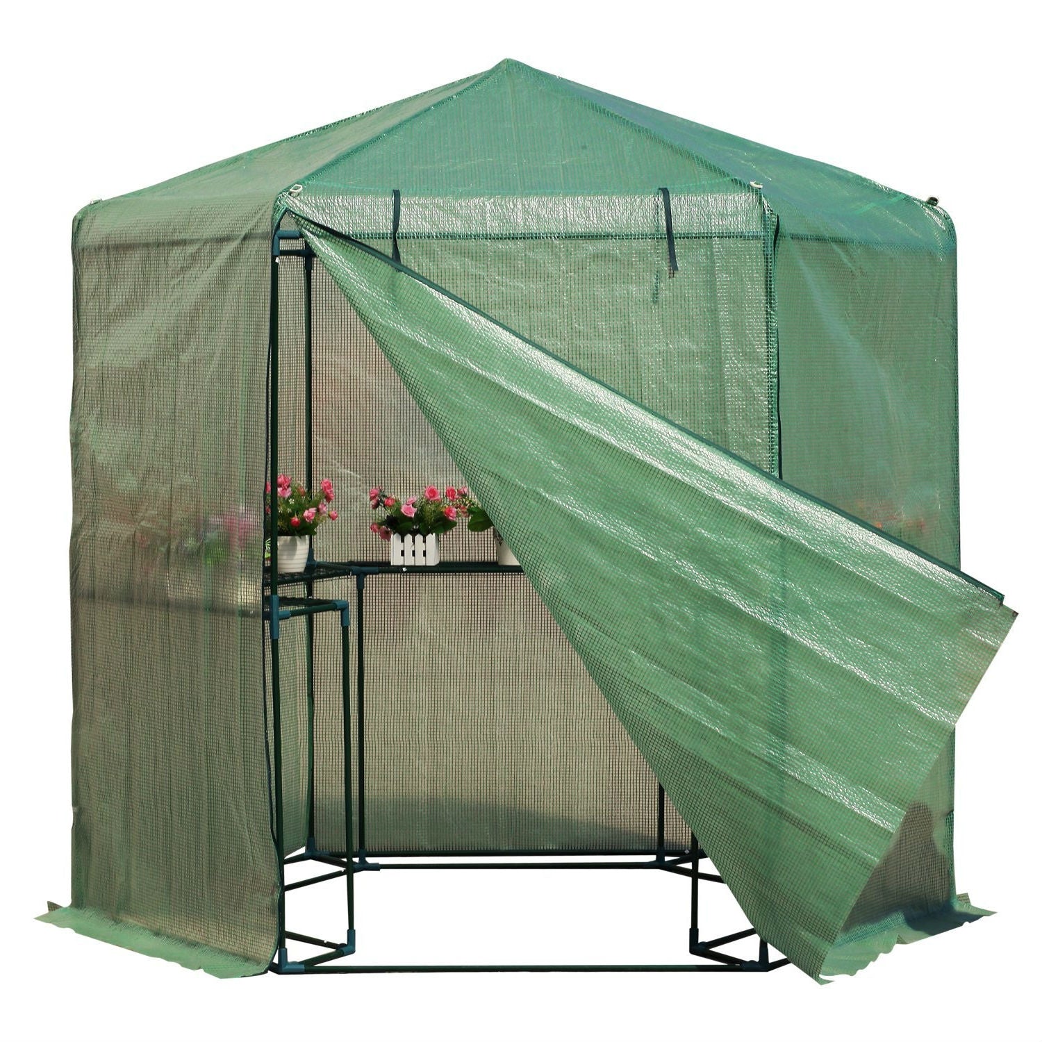 Fast Furnishings Outdoor Hexagon Greenhouse 6.5 x 7 Ft with Steel Frame PE Cover and Shelves