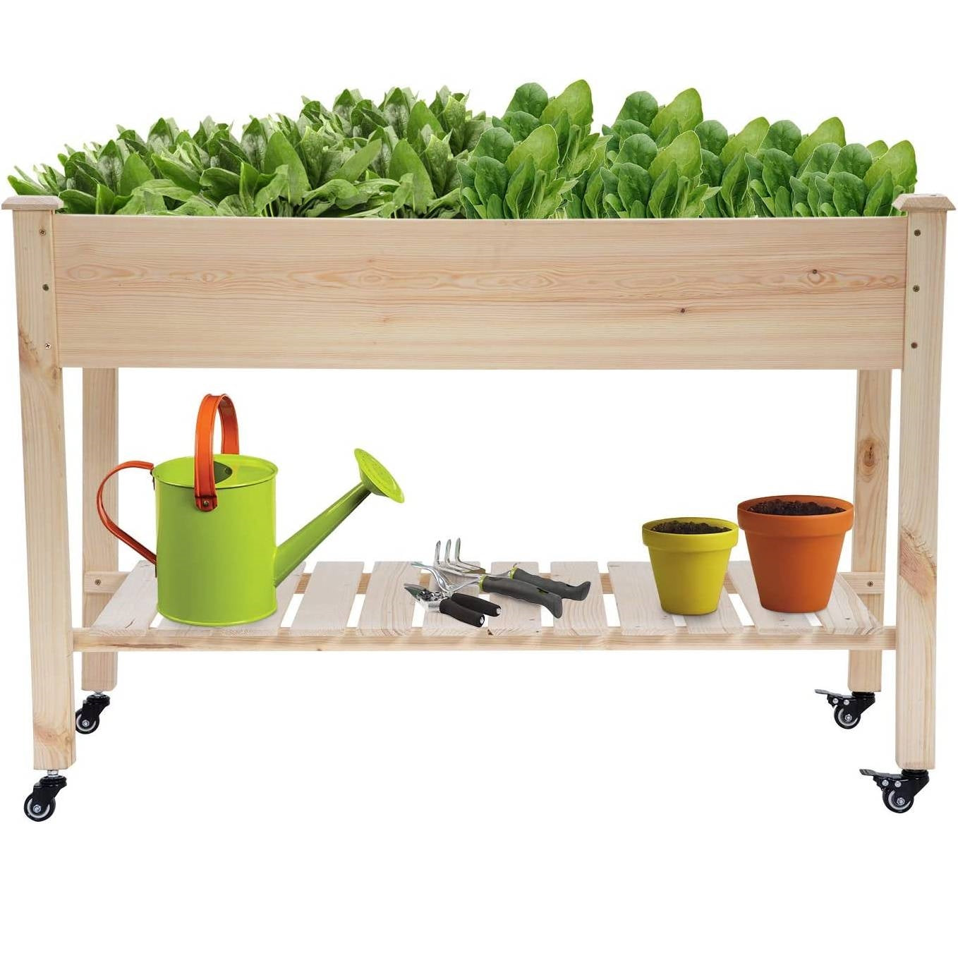 Fast Furnishings 2ft x 4ft Outdoor Solid Fir Wood Raised Garden Bed Planter Box on Locking Wheels