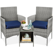 Fast Furnishings 3-Piece Grey PE Wicker Outdoor Patio Furniture Dining Set w Navy Blue Cushions