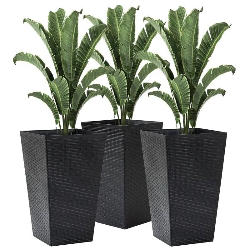 Fast Furnishings Set of 3 - Black Faux Rattan Plastic Tall Large Flower Pots