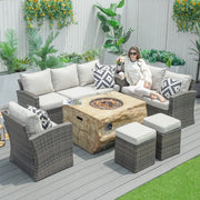 Direct Wicker's Patio Seating Sofa Set with Grain Fire Pit Table for Ultimate Comfort and Style