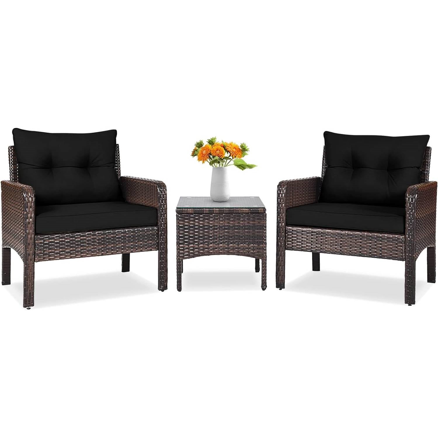 Fast Furnishings 3-Piece Brown PE Rattan Outdoor Dining Patio Furniture Set with Black Cushions